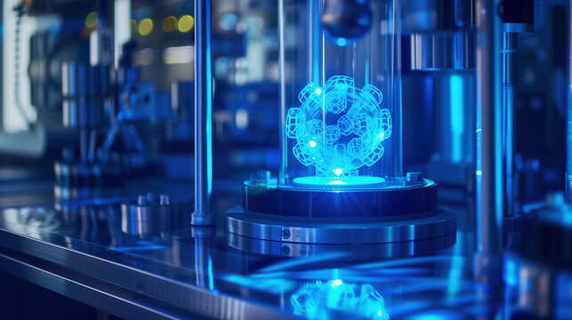 Futuristic 3D Actinium Hologram Visualization in a Cutting-Edge Nuclear Research Facility Featuring Modern Technology and Research Tools