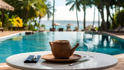 Obraz premium White Marble Stone Table Top with Blurred Swimming Pool Summer Resort Banner 