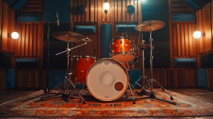 A Drum Set On a Rug in a Room With a Lot of Wood Paneling - Generative AI