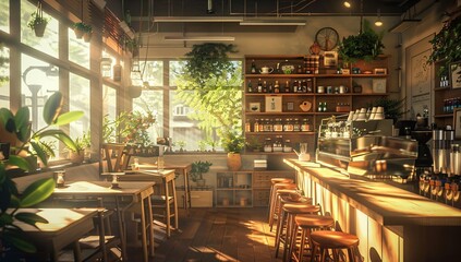 Fototapeta premium Anime-style illustration of a cozy cafe 