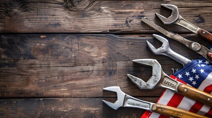 a set of tools laid out neatly on a wooden background, with a small USA flag draped in the corner.