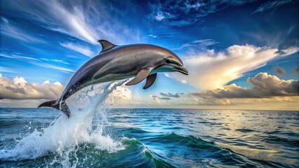 Fototapeta premium Dolphin leaping gracefully out of the water, dolphin, jump, water, marine, mammal, wildlife, ocean, splash, action, elegant