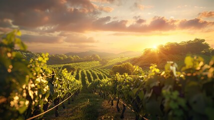 Fototapeta premium A Vineyard on a hill at sunset vineyard outdoors nature. copy space for text. image of garden.