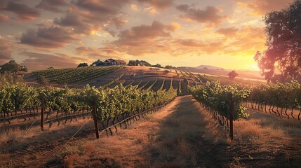 Naklejka premium A Vineyard on a hill at sunset vineyard outdoors nature. copy space for text. image of garden.