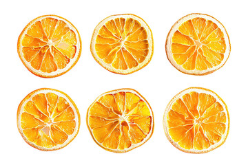 Set or collection of dry round orange slices isolated in a transparent background. Cut out or PNG. 