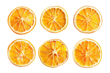 Set or collection of dry round orange slices isolated in a transparent background. Cut out or PNG. 