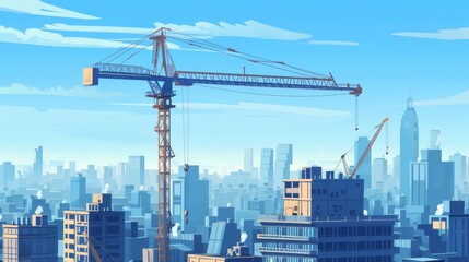 A tower crane on a construction site. Building residential structures. Panoramic view of skyscraper construction. Modern cityscape.