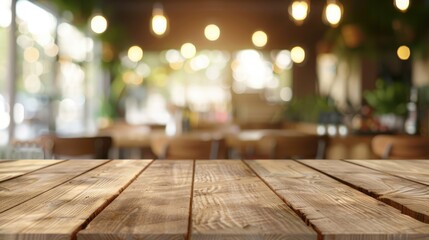 Empty wooden table with blurred restaurant background