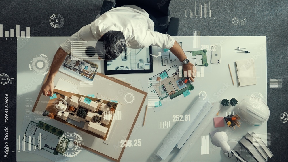 Aufkleber top down view of civil engineer working on blueprint and inspect house model. aerial view of manager