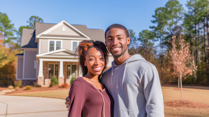 Happy young African American couple against the backdrop of their new home in the yard.