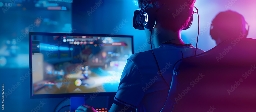 Poster metavers vr ar, gamer playing game on screen monitor with computer, gaming and esports concept, stre