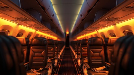 A View of an Empty Airplane With Orange Lights on the Ceiling and Seats in Front of It - Generative AI