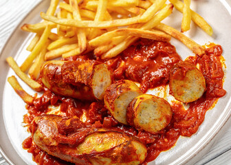 pork sausages in a curry sauce with french fries