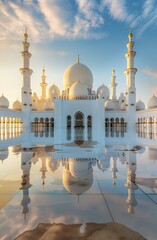 Photo of Sheikh Zayed Mosque in Abu Dhabi, white colored with a beautiful dome design, the most famous mosque in Gabon with a water reflection on the ground, beautiful architecture, wide angle shot, g