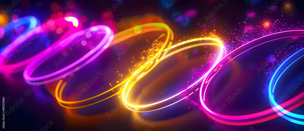 Wall mural glowing rings of neon purple, yellow, and pink in vibrant colours for international sports games. ab