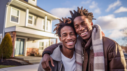 Naklejka premium Two happy African-American gay men have a new home against the backdrop of their new home in the yard.