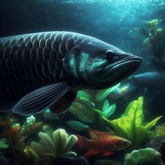 Large black arowana fish in the aquarium with rare colors