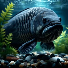 Large black arowana fish in the aquarium with rare colors