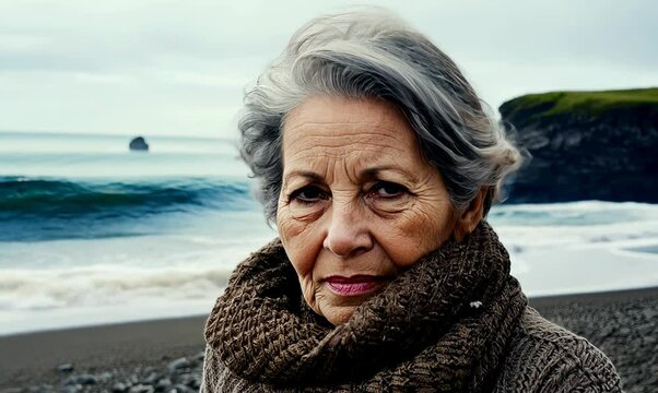 Group portrait video of a serious woman in her 50s wearing a cozy sweater against a beach background
