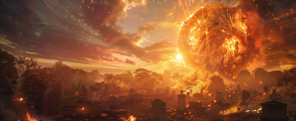 Autumn Cemetery at Dusk with Exploding Firework in the Sky