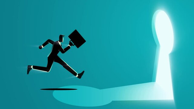 Group of businessmen running towards a brightly shining keyhole. Ideal for motivational and business concepts, this motion graphic represents seizing opportunities, teamwork, and the drive for success