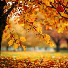Golden Autumn Leaves Hanging From A Branch, With A Carpet Of Fallen Leaves In The Background