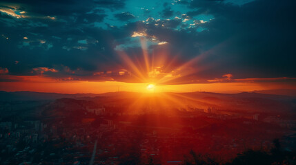 Fototapeta premium Cityscape at Dusk from Mountain Top with Radiant Sky: HD Film Photo