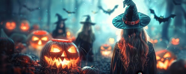 Photo realistic Halloween party, guests dressed as witches, jackolanterns illuminating the scene, bats in the background, ultrarealistic, highdetail, spooky and atmospheric