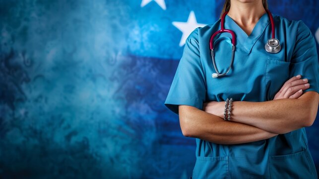 a nurse in scrubs, holding a stethoscope, with a USA flag-themed background. 