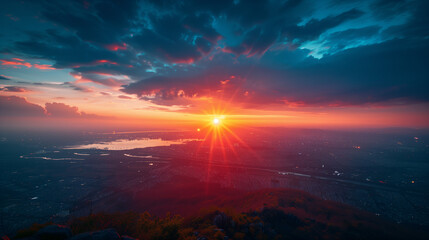 Naklejka premium Cityscape at Dusk from Mountain Top with Radiant Sky: HD Film Photo