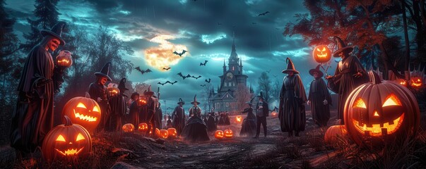 Photo realistic scene of a Halloween party, guests in vampire costumes, jackolanterns illuminating the night, bats in the background, ultrarealistic, highdetail, spooky and scary
