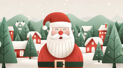A vintage poster illustration celebrating Christmas with warm red and green tones featuring a classic Santa Claus and snowy village backdrop 