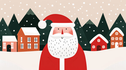 A vintage poster illustration celebrating Christmas with warm red and green tones featuring a classic Santa Claus and snowy village backdrop 