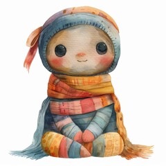 Friendly mummy with a cute expression, wrapped in colorful bandages, Single Object, watercolor on white background