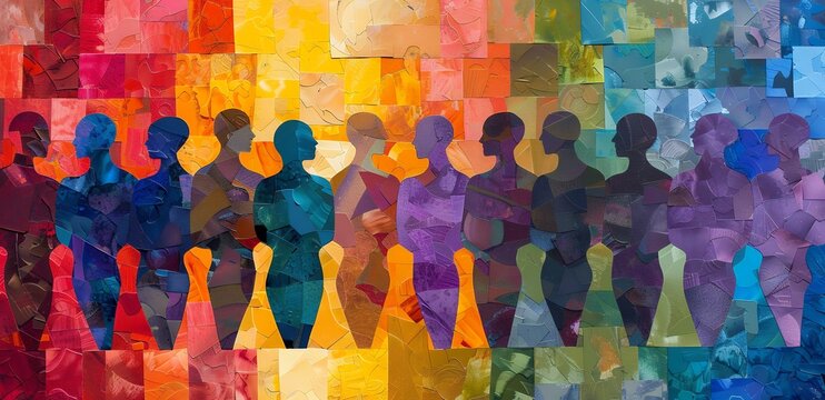 A vibrant, colorful mosaic of human silhouettes in various shades and sizes arranged neatly on the canvas, creating an abstract representation of diversity. The artwork uses focus stacking, in the sty