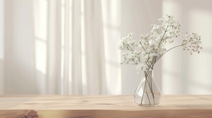 Elegant home decor: small white flowers in clear vase on light wooden table with blank space.