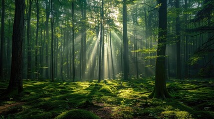 Obraz premium A forest with sunlight shining through the trees