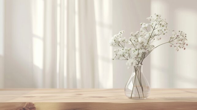 Elegant home decor: small white flowers in clear vase on light wooden table with blank space.