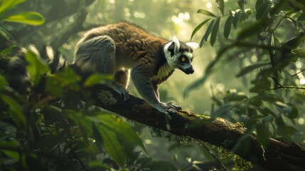 Obraz premium A Lemur Sitting on a Tree Branch in the Middle of a Forested Area - Generative AI