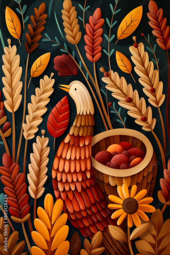 Wall mural A vintage poster illustration celebrating Thanksgiving with warm earthy tones featuring a bountiful cornucopia and golden wheat stalks 