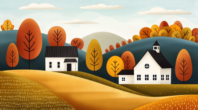 A vintage poster illustration celebrating a cozy Thanksgiving with warm amber and brown hues featuring a rustic farmhouse and bountiful harvest 