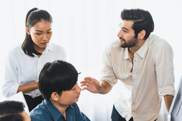 Obraz premium Group of diverse office worker employee working together on strategic business marketing planning in corporate office room. Positive teamwork in business workplace concept. Prudent