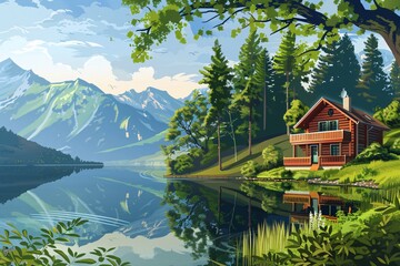 Fototapeta premium A wooden cabin with a balcony sits on a hillside overlooking a serene lake, nestled among lush green trees and majestic mountains. The water reflects the sky and the surrounding foliage
