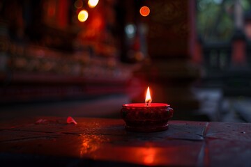 A red lit candle is burning in the dark interior of an old temple, with a blurred background, blurred focus, and long exposure photography creating blurry details and a sense of depth of field.