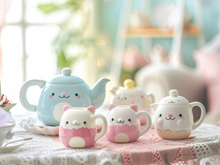 Obraz premium Kawaii Tea Set on Lace Tablecloth