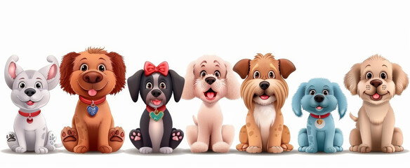 A Paw-some Crew: Seven adorable, cartoon puppies sit in a row, their playful expressions radiating joy and friendship, perfect for pet-related designs. 