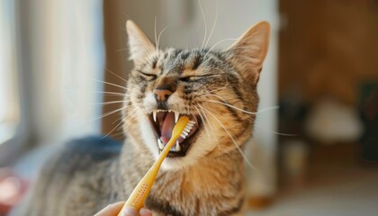 Plakat Tabby Cat Having Teeth Brushed Indoors During the Day