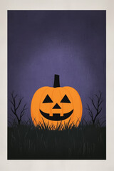 A vintage poster illustration depicting the eerie atmosphere of Halloween with deep purple and black hues featuring a ghostly jack o lantern and eerie fog 