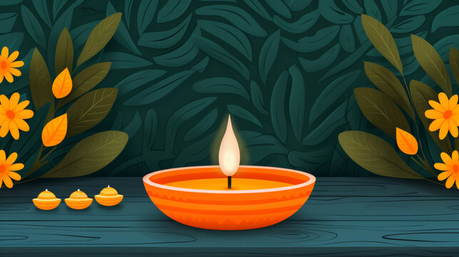 A vintage poster illustration depicting the joyous celebration of Diwali with vibrant orange and gold hues showcasing a radiant diya and traditional sweets 