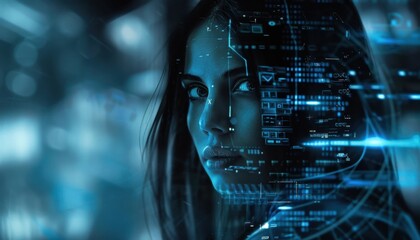 Woman's Face With Digital Interface and Blue Lights
